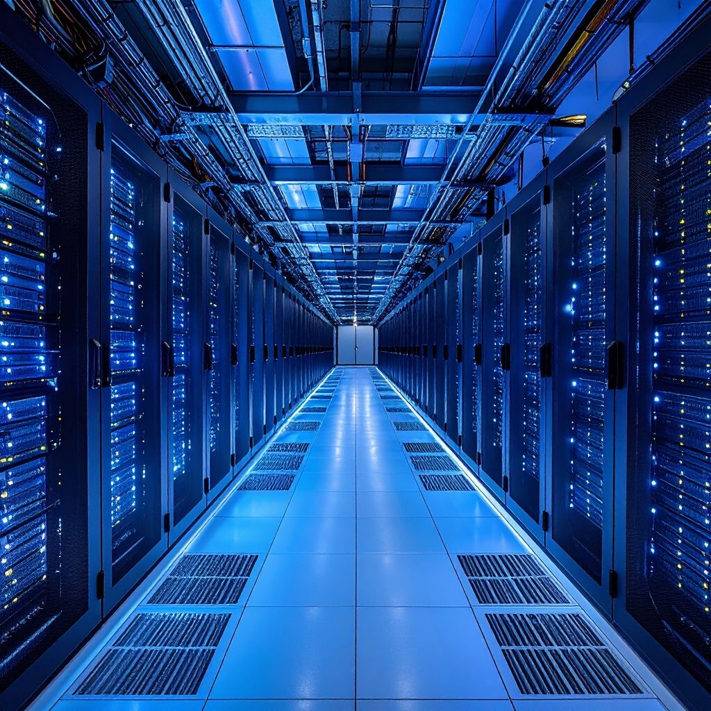 大規模データセンターの内部、青白いLEDライトに照らされたサーバーラックが整然と並ぶ通路、冷却システムと高密度なケーブル配線、テクノロジー企業のインフラ施設